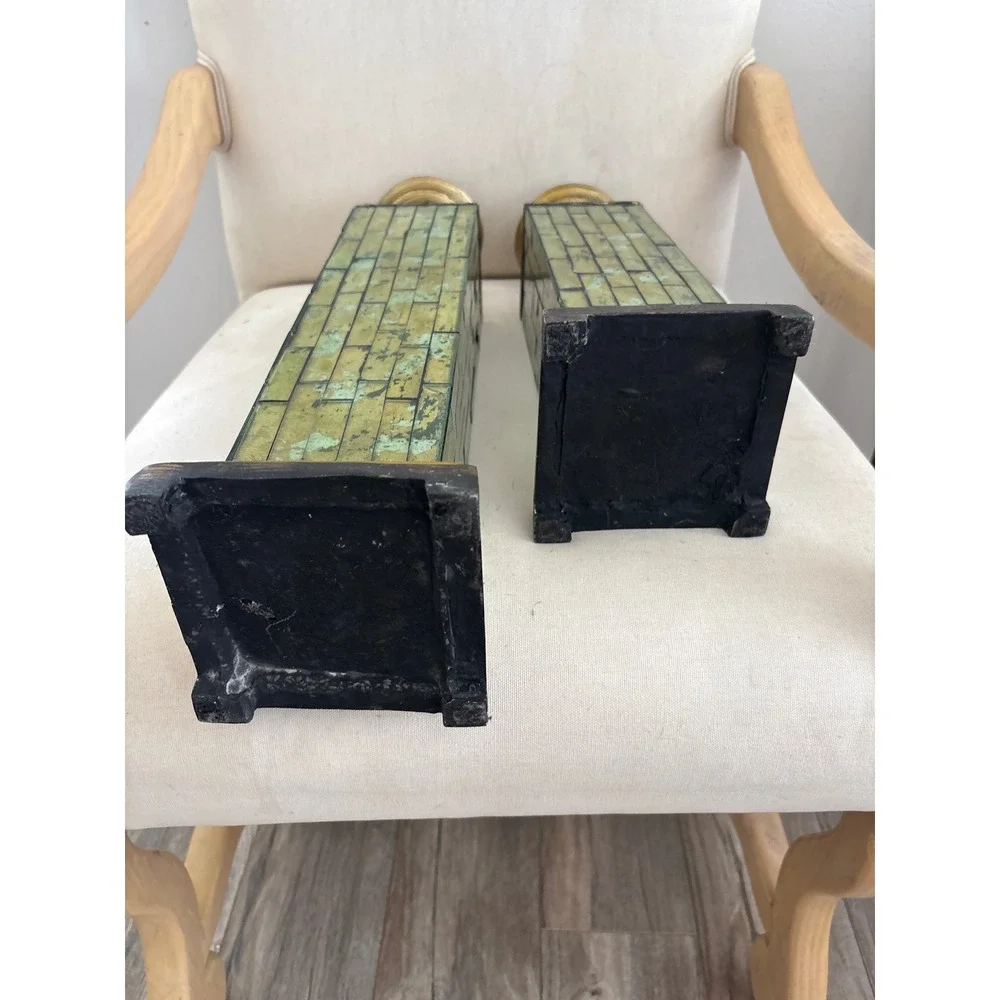 Vintage Pierre One Set of 2 Gold Verdigris Mirrored Mosaic Pillar Candle Holder